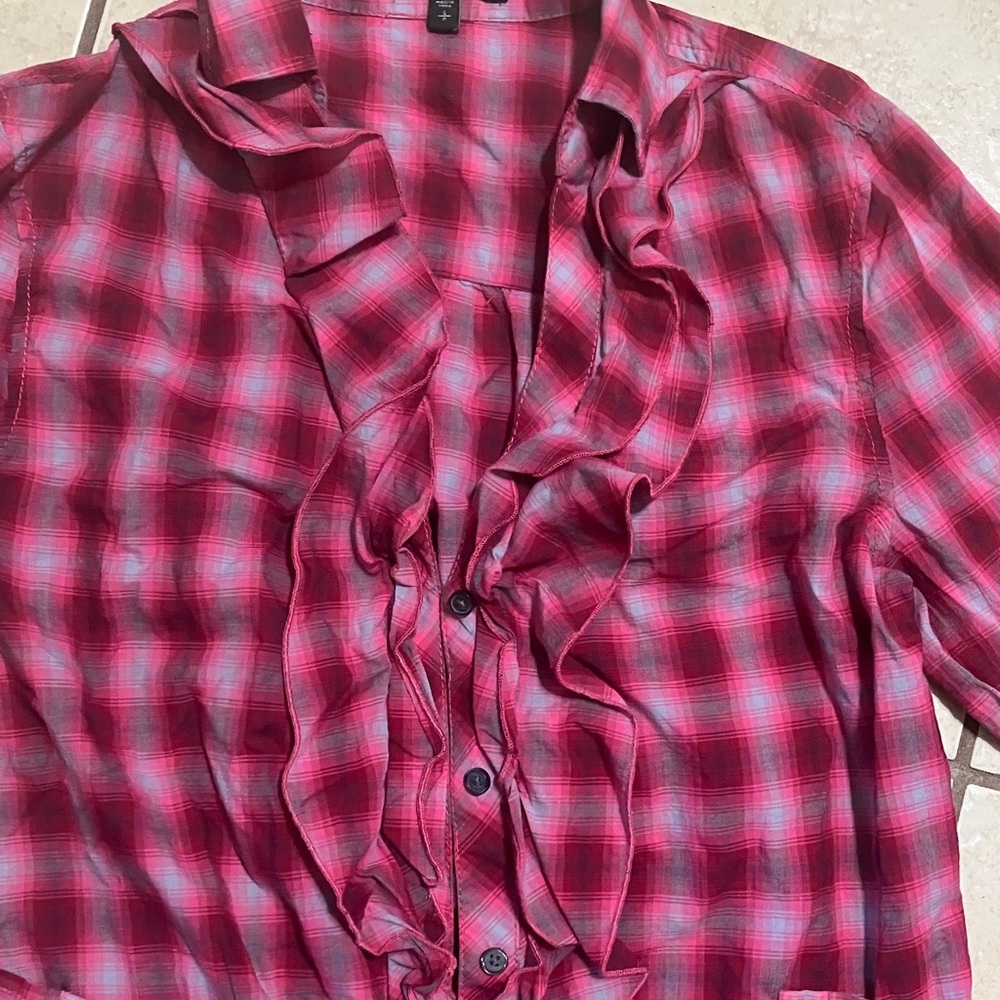 Express Red Checkered Ruffle Shirt - Picture 3 of 7